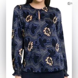 Ted Baker Navy Floral Keyhole Blouse Smocked Ruffle Cuff Blue Medium